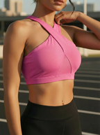 Front Cross Sports Bra with Mesh Patchwork