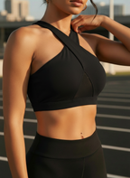 Front Cross Sports Bra with Mesh Patchwork