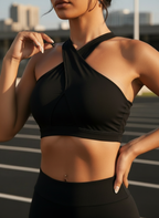 Front Cross Sports Bra with Mesh Patchwork