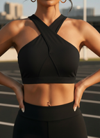 Front Cross Sports Bra with Mesh Patchwork