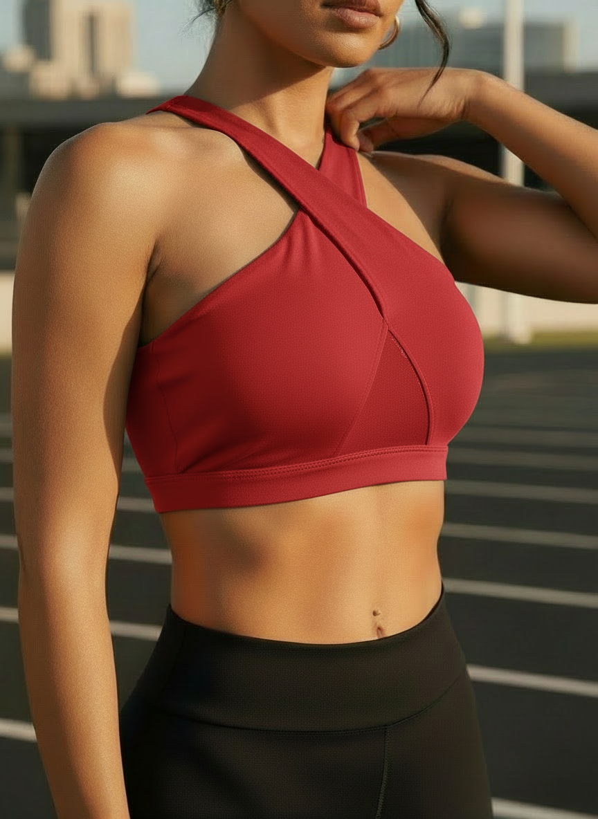 Front Cross Sports Bra with Mesh Patchwork