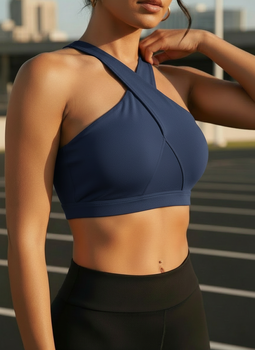 Front Cross Sports Bra with Mesh Patchwork